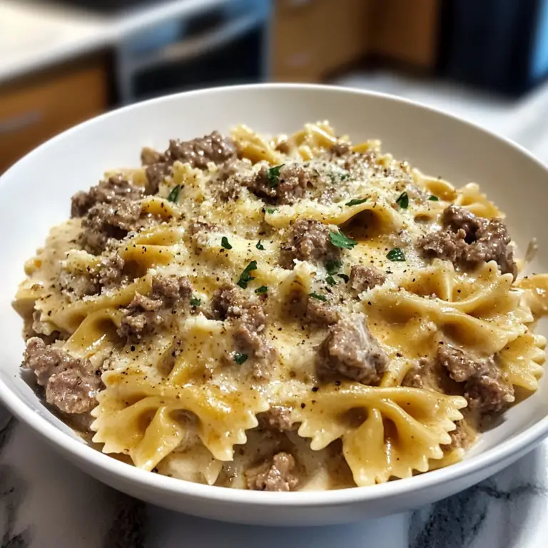Cramy Parmesan Garlic Beef Bowtie Pasta