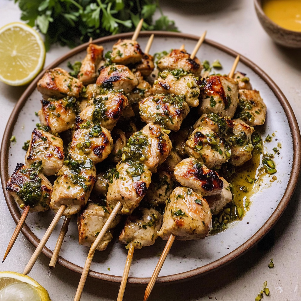Pistachio Butter Chicken Kabobs