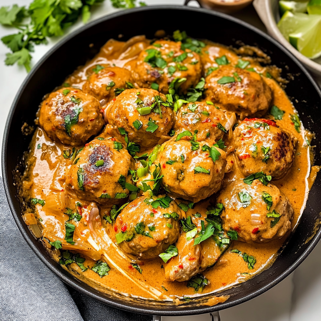 Basil Ginger Meatballs In Coconut Red Curry Sauce