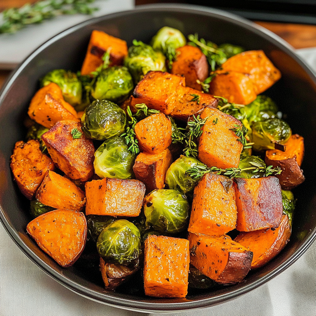 Maple Roasted Sweet Potatoes and Brussels Sprouts