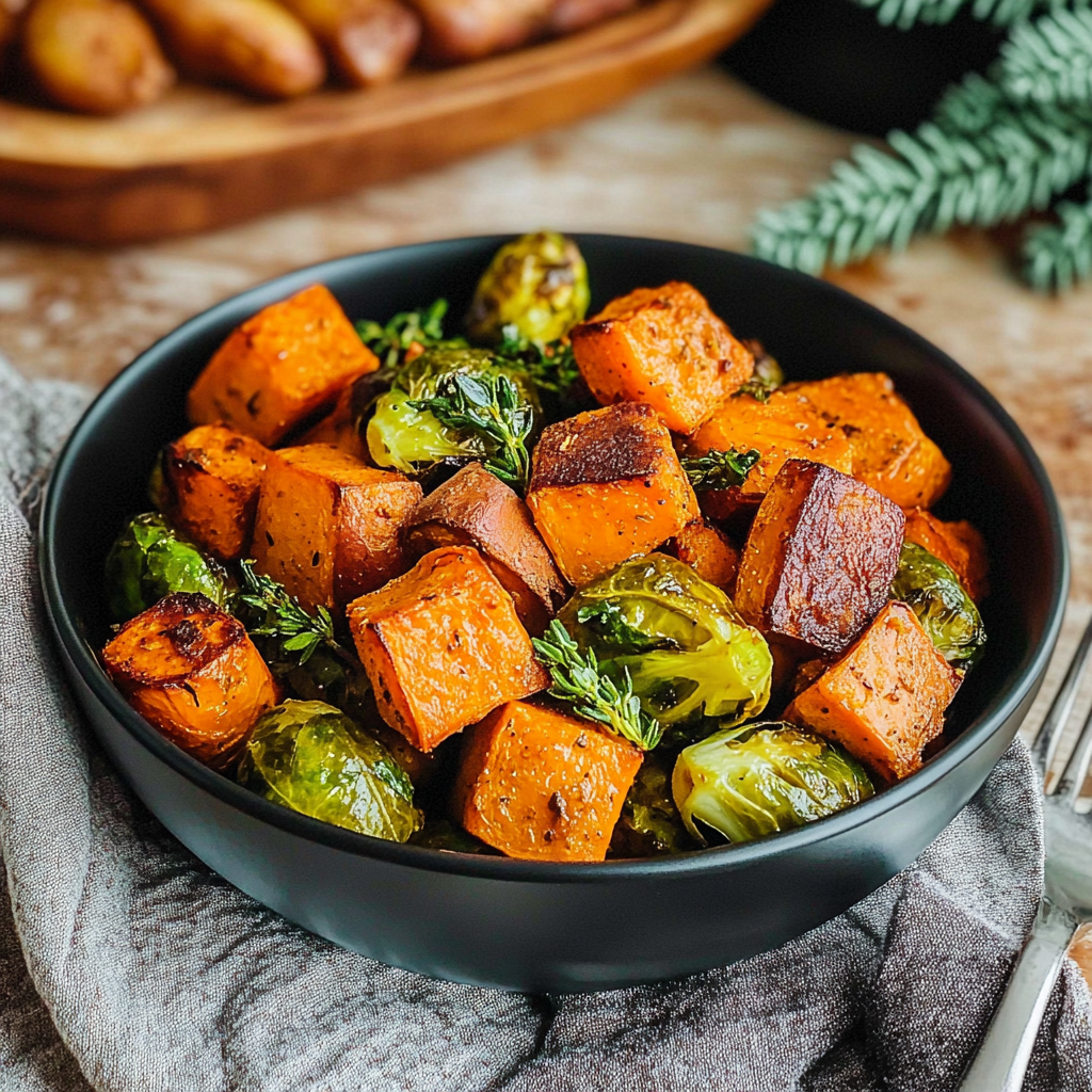 Maple Roasted Sweet Potatoes and Brussels Sprouts
