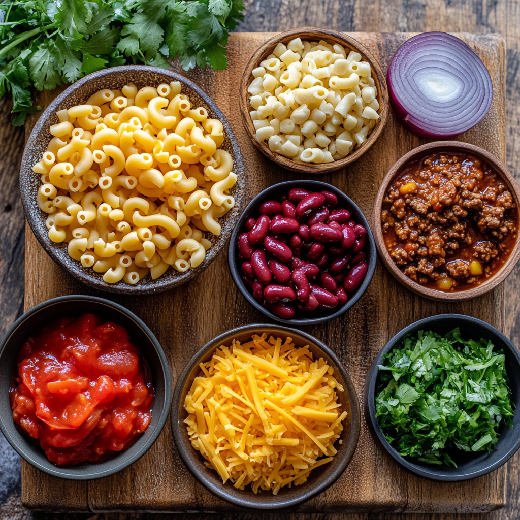 One Pot Chili Mac and Cheese ingredients
