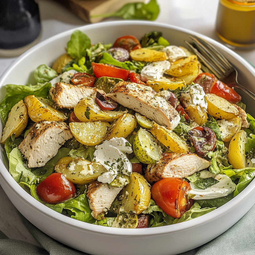 Crunchy Grilled Chicken Greek Salad with Roasted Potatoes
