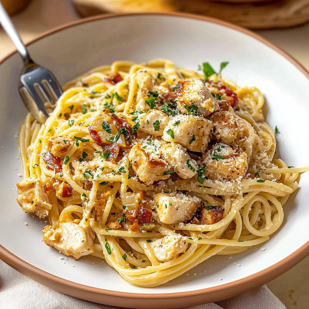 Lemony Garlic Chicken Carbonara Pasta
