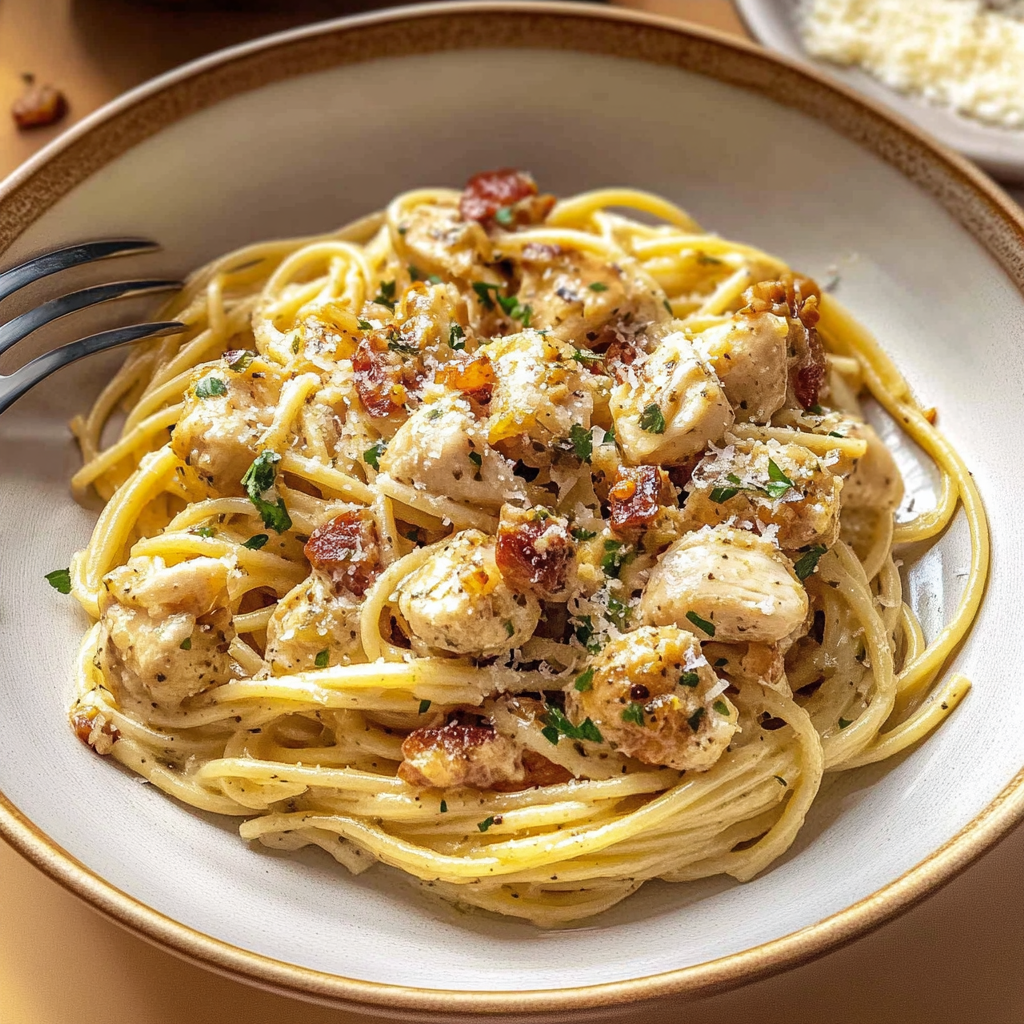 Lemony Garlic Chicken Carbonara Pasta