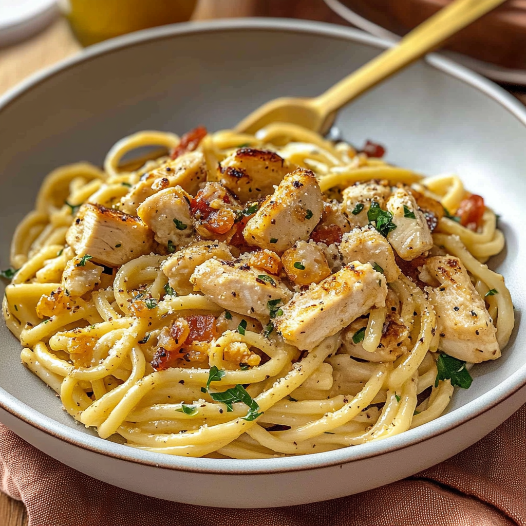 Lemony Garlic Chicken Carbonara Pasta