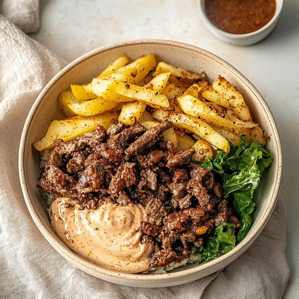 Burger Bowls Dinner with Crispy Potatoes and Sauce