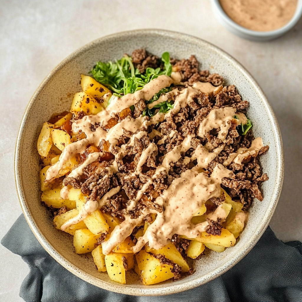Burger Bowls Dinner Recipe with Crispy Potatoes and Sauce