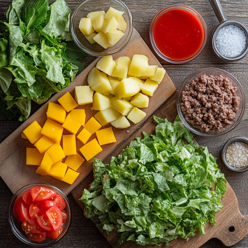 Burger Bowls Dinner Recipe with Crispy Potatoes and Sauce ingredients